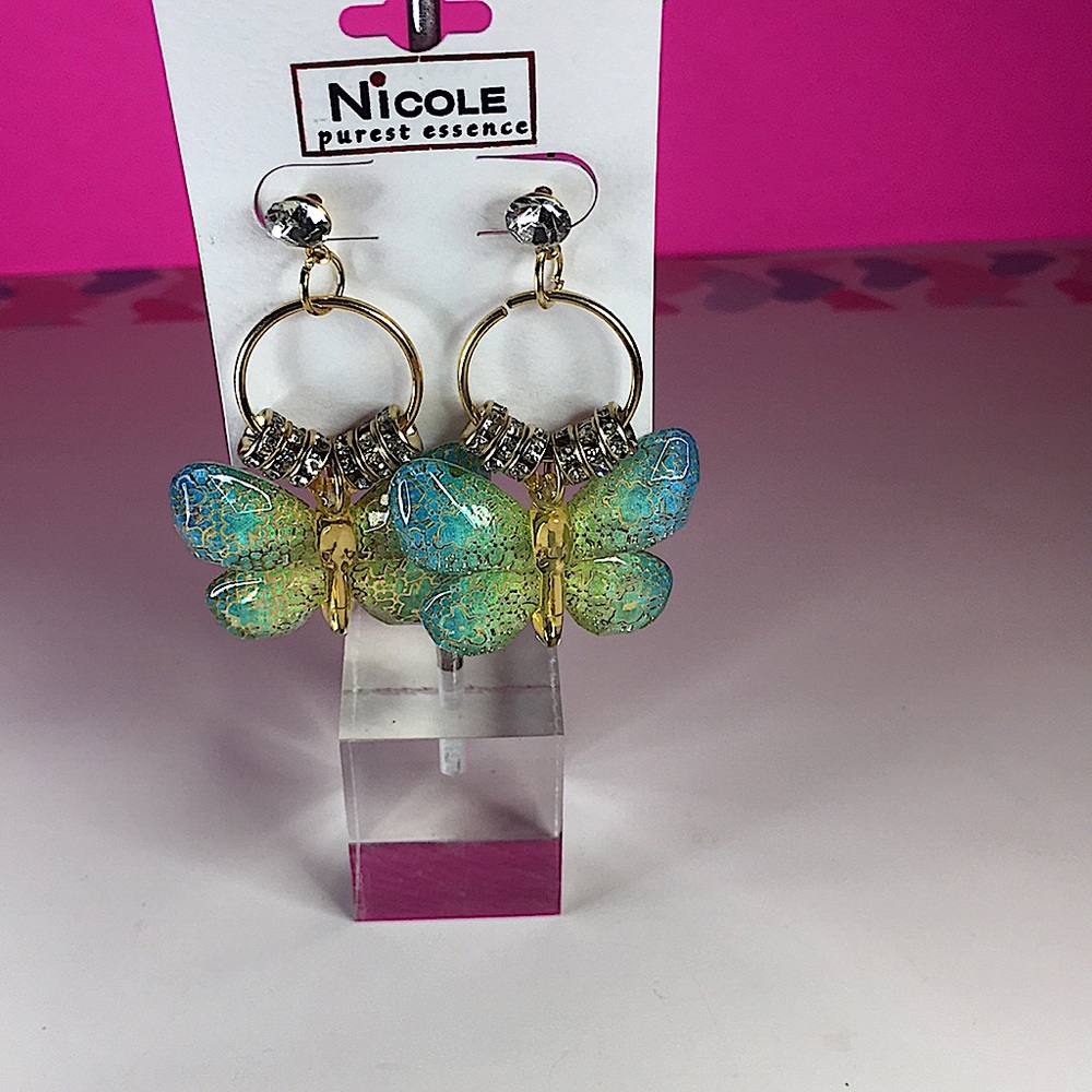 NEW PUREST ESSENCE BUTTERFLY TEAL & YELLOW RHINESTONE PIERCED